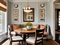 The dining nook features American Colonial interior design with a round wooden table, upholstered chairs, and charming decor that creates an intimate space for casual meals.  