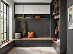 A mudroom designed with Bauhaus interior design includes built-in storage, a minimalist bench, and a practical layout that promotes organization and functionality.  