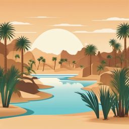 Desert Oasis Clipart - A tranquil desert oasis with lush palm trees and cool, clear water.  color clipart, minimalist, vector art, 