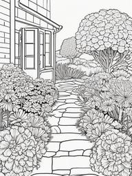 Marigold coloring page sheet - Bright marigolds filling a garden path with warm colors.  black outline printable coloring page