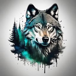 wolf in forest tattoo  simple color tattoo,white background