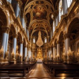 step into the ornate interior of a baroque cathedral, with gilded altars and intricate frescoes. 