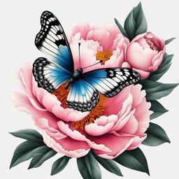 butterfly and peony tattoo  simple color tattoo, minimal, white background