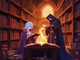 Mysterious mage and enigmatic mage companion, surrounded by ancient tomes and mystical artifacts, casting a powerful spell in a hidden arcane library, as a matching pfp for couples. wide shot, cool anime color style