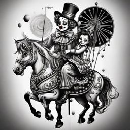 Clown and carousel horse tattoo: Whimsical duo, evoking a sense of wonder.  black and white tattoo style