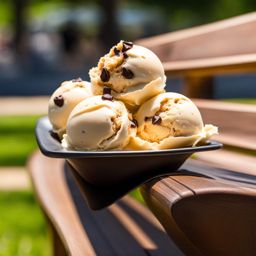 chocolate chip cookie dough ice cream enjoyed on a sunny park bench. 