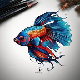Siamese Fighting Fish Tattoo-Bold and vibrant tattoo featuring a Siamese fighting fish, capturing the intense and vibrant colors of these aquatic creatures.  simple color vector tattoo