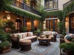 The outdoor patio embraces Russian Revival interior design with ornate furniture, lush greenery, and decorative elements that create a charming space for relaxation and gatherings.  