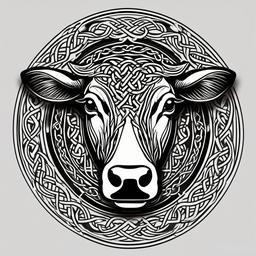 Celtic-inspired cow tattoo: Knotwork elegance, intricate symbolism.  simple color tattoo style, black and white