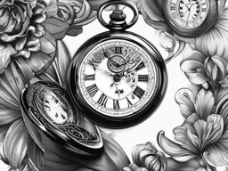 Pocket watch ink: Elegant and portable, symbolizing the preciousness of time.  black white tattoo, white background