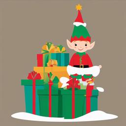 Elf clipart - elf sitting on a stack of presents  color,minimalist,vector clipart