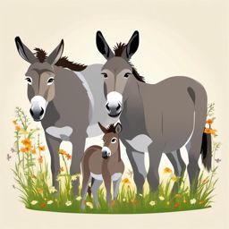 Donkey Family clipart - Donkey family in a meadow, ,vector color clipart,minimal