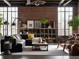 Industrial loft showcases open shelving, reclaimed wood accents, and metal furniture pieces that create a relaxed yet stylish atmosphere.  