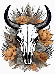 Rustic bull skull with desert flora ink. Southwestern rugged charm.  color tattoo design, white background