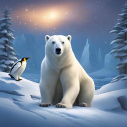 capture the magic of a snowy night with a playful polar bear and penguins. 