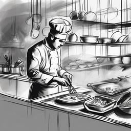 drawing of a chef preparing food  minimal rough sketch scribbles,doodles,black and white