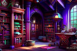 elf village library with ancient tomes and magical artifacts. 