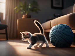 kitten chasing a ball of yarn in a cozy living room 8k ultrarealistic cinematic 