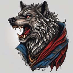 Traditional Werewolf Tattoo,classic tattoo capturing the transformation from human to werewolf, embracing the supernatural. , color tattoo design, white clean background