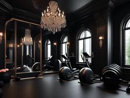 In the gym room, Gothic interior design includes dark colors, ornate mirrors, and dramatic lighting that enhance motivation during workouts while adding a touch of elegance.  