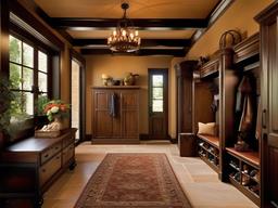 Tuscan mudroom showcases warm earth tones, rustic wood furniture, and decorative accents that evoke the charm of an Italian villa at the entrance.  