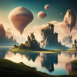 surreal, dreamlike landscape with floating islands and surreal rock formations. 