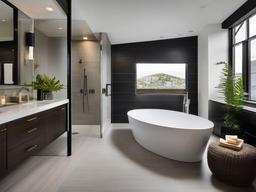 A master bathroom with urban modern interior design incorporates a freestanding tub, sleek fixtures, and bold accents that transform the space into a luxurious and contemporary retreat.  