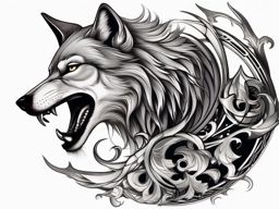 Wolf and Skull Tattoo,macabre symphony of the wolf and a skull, mesmerizing dance between life and death. , tattoo design, white clean background