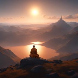 human monk,amaris stormrider,meditating atop a tranquil mountaintop,the sun rises ground level shot, 8k resolution, cinema 4d, behance hd, polished metal, unreal engine 5, rendered in blender, sci-fi, futuristic, trending on artstation, epic, cinematic background, dramatic, atmospheric