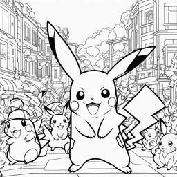 pokemon coloring pages - pikachu leads a parade of pokemon through a joyful town. 