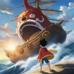 luffy confronts a monstrous sea creature aboard the thousand sunny ship on the open ocean. 