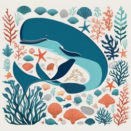 Whale clipart - whale surrounded by seaweed and seashells  color,minimalist,vector clipart