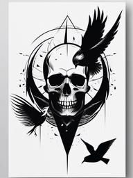 Skull Bird Tattoo - Skull and dark bird  minimal tattoo design, white background