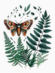 moth and fern tattoo  simple vector color tattoo, minimal, white background