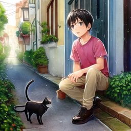 A boy with his cat in a street.  Best quality, highly detailed. Sharp focus. 3d. Dreamy, wet watercolors. Shimmer. Color Iridescent.