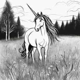 drawing of a unicorn in a meadow  minimal rough sketch scribbles,doodles,black and white