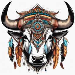 Bull with feathers and dreamcatcher tattoo. Native American fusion.  color tattoo design, white background