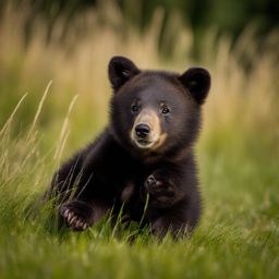 cuddly baby bear cub, playfully tumbling in the grass. 