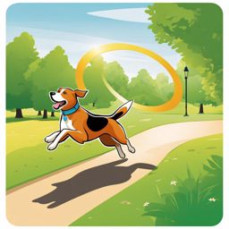 dog clip art: chasing a frisbee in a sunny park. 