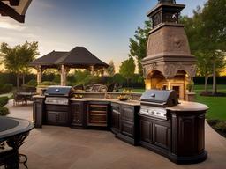 Baroque outdoor kitchen embraces rich colors, ornate details, and luxurious finishes that create a dramatic and sophisticated outdoor dining experience.  