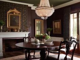 Colonial dining room features dark mahogany furniture, patterned wallpaper, and a formal chandelier for a classic, stately feel.  