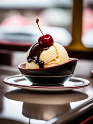 vanilla ice cream served in a classic diner, topped with hot fudge and a cherry. 