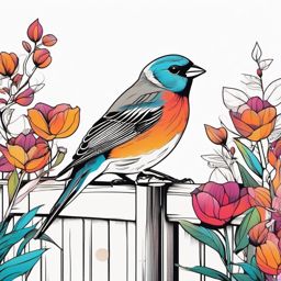 Finch Tattoo - Finch perched on a colorful garden fence  few color tattoo design, simple line art, design clean white background