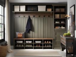 Urban Chic mudroom features practical storage, a mix of modern and vintage decor, and an efficient layout that maximizes style and function for entryways.  