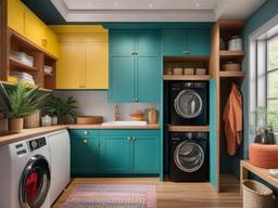 In the laundry room, maximalist interior design includes colorful cabinets, quirky decor, and a playful atmosphere that transforms chores into a fun experience.  