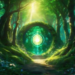 Enchanted forest with mystical portals. anime, wallpaper, background, anime key visual, japanese manga