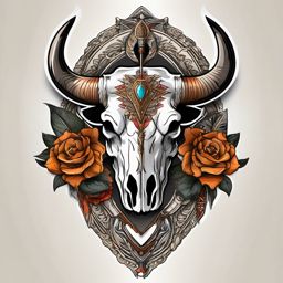 Bull skull with arrow quiver tattoo. Precision in the journey.  color tattoo design, white background