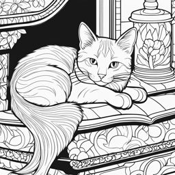 cat coloring pages - a cat enjoys a cozy nap by the fireplace. 