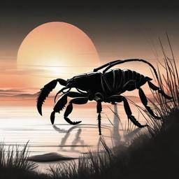 drawing of a scorpion with a sunset  minimal rough sketch scribbles,doodles,black and white