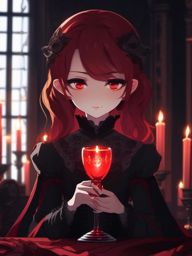 Adorable vampire character, in a Gothic mansion, savoring a goblet of crimson blood under the flickering candlelight.  front facing ,centered portrait shot, cute anime color style, pfp, full face visible